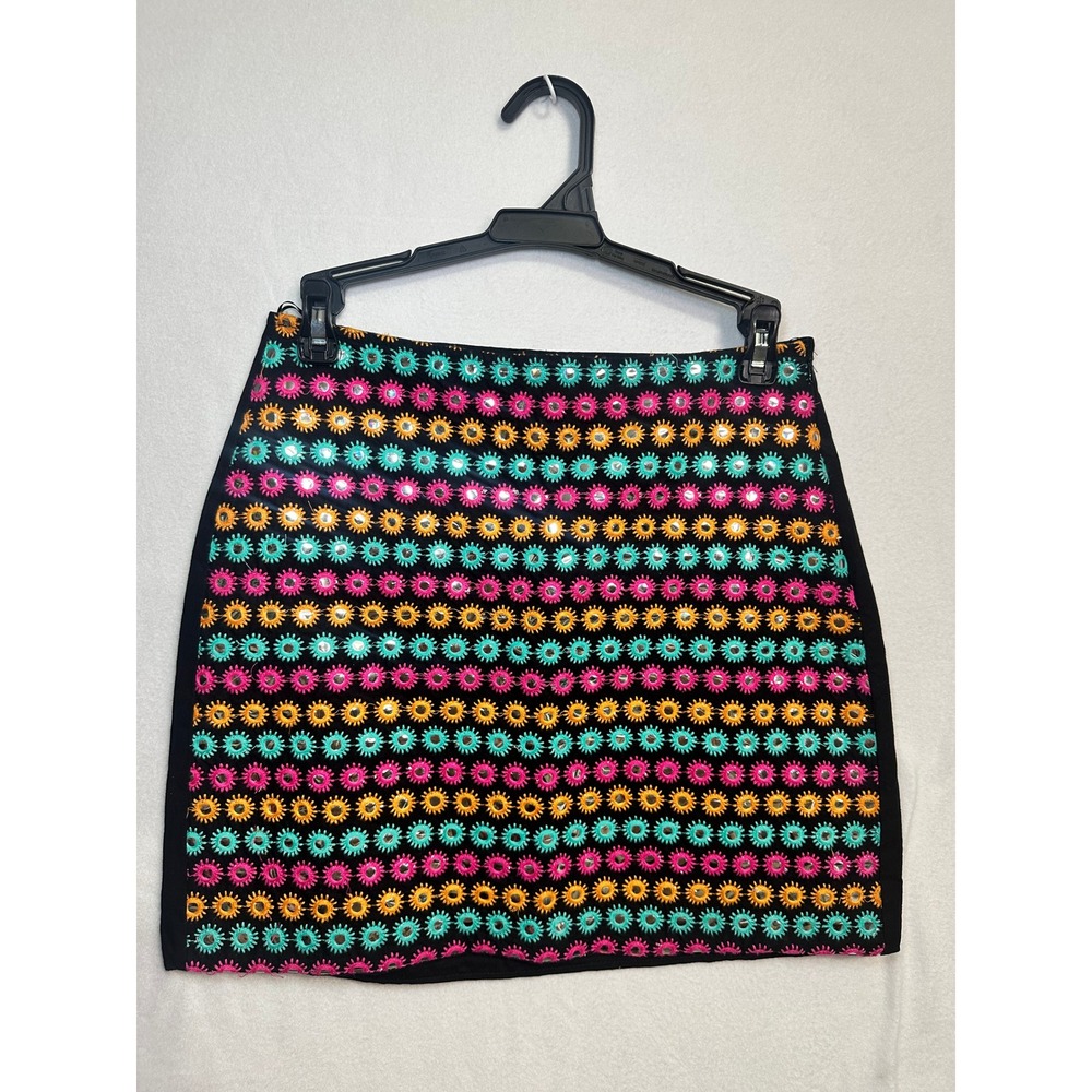 Bershka Womens Embroidered‎ Mirror Sunburst Mini Skirt Black Multi Size M